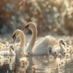 three swans are swimming in the water with daisies