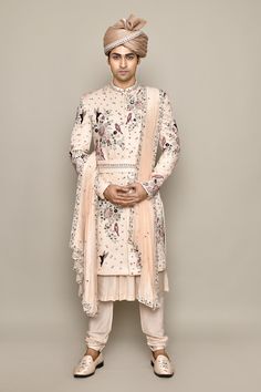 Pastel pink sherwani with zardozi, thread, sequin embroidery in bird pattern. Paired with pintuck kurta, churidar, dupatta and belt. Comes with safa, juttis, sevra and tanni. - Aza Fashions Pink Sherwani With Mirror Work For Designer Wear, Bollywood Style Pink Sherwani With Mirror Work, Pink Bollywood Sherwani With Mirror Work, Pink Mirror Work Sherwani For Festivals, Pink Sherwani With Mirror Work For Festivals, Designer Dupatta With Resham Embroidery For Reception, Semi-stitched Pink Sherwani With Intricate Embroidery, Designer Resham Embroidery Dupatta For Reception, Pink Semi-stitched Sherwani With Intricate Embroidery