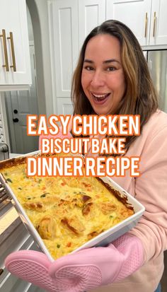 a woman is holding up a casserole dish with the words easy chicken biscuit bake dinner recipe