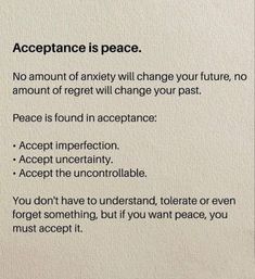 a piece of paper that has some type of text on it with the words, acceptance is peace