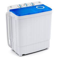 a white and blue portable washing machine on a white background with clippings to the side