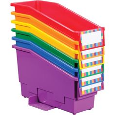 stacking bins with dividers on each side and colored labels in the middle