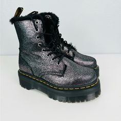 An Updated Take On A Classic. The Dr. Marten Jadon Fur Lined Distressed Metallic Platform Boot Is An 8-Eye Boot Featuring A Distressed Metallic Genuine Leather Upper, A Faux Fur Inner Lining, And A Durable Bouncing Rubber Platform Sole. Complete With A Rounded Toe, An Inner Ankle Zipper Closure For Easy On/Off Access. The Classic Yellow-Embroidered “Air Wair”, Pull Tab And Matching Yellow Contrast Stitching Finishes Off This Glamorous Boot. Brand New Excellent Condition Winter Silver Glitter Boots, Metallic Leather Boots With Round Toe, Silver Synthetic Boots With Round Toe, Silver Leather Winter Boots, Trendy Silver Boots For Winter, Silver Glitter Boots With Round Toe, Silver Leather Party Boots, Silver Boots With Reinforced Heel For Winter, Silver Winter Boots With Reinforced Heel