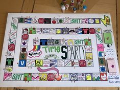 a game board with the words time 5 party written on it, surrounded by markers