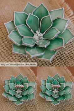 "Beautiful one succulent ring dish ideal for keeping your wedding ring stored in the most stylish way. Feels like a real plant, dramatic and oh-so-feminine. Comes in 21 beautiful petal colors, elegantly edged with a silver lining. Makes a perfect gift for the bride, bridesmaids, or anyone you love! Please order with ring holder attachment if you like to display your ring in this ring dish in the upright position Please note that the edges of the original product are silver-colored but can be mad Stained Glass Succulent, Ring Bearer Pillow Alternative, Ring Pillow Alternatives, Engagement Ring Dish, Succulents Candles, Traditional Wedding Rings, Succulent Jewelry, Succulent Wedding Favors, Wedding Ring Bearer Pillow