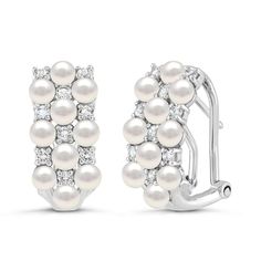 Add an elegant finishing touch to your special occasion outfit with the luxe look of our pearl earrings. Shimmering clusters of 0.80 ct. T.W. of lab-created white sapphire stones and 20 stones of 3.00 mm button freshwater cultured pearls secured omega back highly polished sterling silver. Metal: Sterling silver Stone 1:  3.00 mm Freshwater Cultured Pearl Side Stones: Round lab-created white sapphire (0.80 ct. T.W.) White Sapphire Earrings, Sapphire Stones, Black Hills Gold, Jewelry Essentials, Pearl Types, Freshwater Cultured Pearls, Sapphire Earrings, Sapphire Stone, Jewelry Earrings Hoops