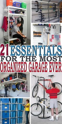 the cover of 21 essentials for the most organized garage ever, with images of people working