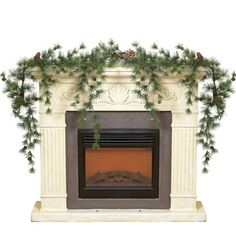 a fireplace decorated for christmas with greenery and pine cones