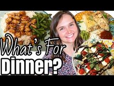 a woman standing in front of a plate of food with the words what's for dinner?