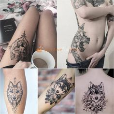 several pictures of different tattoos on the side of women's stomachs and legs