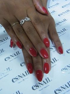 Red Short Acrylic Nails Almond, Red Nails Oval Shape, Almond Red Acrylic Nails, Short Red Acrylics, Almond Shape Red Nails, Red Almond Nails Short, Red Oval Acrylic Nails, Red Nail Designs Classy, Short Red Nails Acrylic