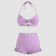 Fashion Aesthetics, Cute Swimsuits, Gingham Print, Trendy Clothes For Women, Halter Neckline, Chest Pad, Ruffle Trim, Cider, Womens Swim