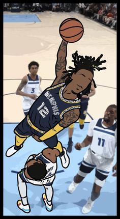 a drawing of a basketball player jumping up to dunk the ball in front of two other players