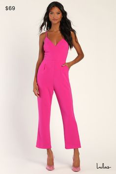 Set your reputation as the best dressed at the event in the Lulus Signature Cutie Hot Pink V-Neck Sleeveless Jumpsuit! Lightweight crepe knit shapes this eye-catching jumpsuit that has a V-neckline and a darted bodice, all supported by adjustable spaghetti straps. A high waist tops lightly pleated pant legs with cropped hems and convenient diagonal pockets. Hidden back zipper/clasp. Fit: This garment fits true to size. Length: Ankle length. Size medium measures 51" from adjustable straps to hem. Pink Jumpsuit Outfit, Hot Pink Outfits, Hot Pink Jumpsuit, Hot Pink Jumpsuits, Hot Pink Outfit, Pleated Pant, Lulu Fashion, Pink Jumpsuit, Best Dressed