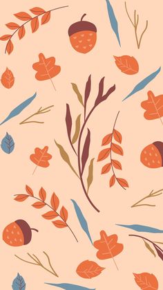 an orange and blue pattern with leaves, branches and acorns on a peach background