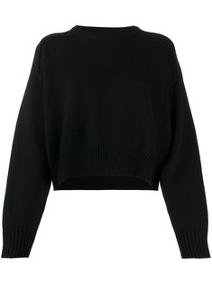 Black wool and cashmere blend cropped knit jumper from Loulou Studio featuring dropped shoulders, a round neck, long sleeves and a ribbed hem and cuffs. Loulou Studio, Winter Capsule, Cropped Pullover, Black Jumper, Oversized Jumper, Wardrobe Edit, Christmas 2023, Black Sweater, Oversized Sweater