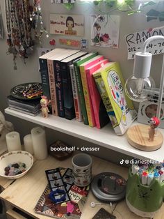 a shelf with books and other items on it