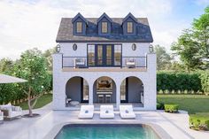 an artist's rendering of a house with a pool in the foreground and patio furniture on the other side