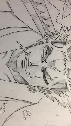 a drawing of an anime character with his eyes closed and one hand on his head