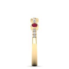 This exquisite diamond and ruby ring is a stunning piece of jewelry that exudes elegance and sophistication. The brilliant diamonds and vibrant rubies are set in a beautifully crafted, creating a luxurious and eye-catching design that is sure to make a statement. Metal: 14K Gold Setting Type: Prong Rhodium Finish: Yes, on White Gold Gemstone Details: Gemstone: Ruby Shape: Round Average Dimensions: 2.50 MM Quantity: 03 Average Cut: Very Good Average Color: Medium to Dark Red Average Clarity: Eye Elegant Diamond Ring With Lab-created Ruby Birthstone, Fine Jewelry Ruby Birthstone Ring With Diamond Accents, Formal Ruby Ring With Diamond Birthstone, Formal Ruby Ring With Diamond Bezel Setting, Formal Ruby Birthstone Ring With Diamond, Luxury Diamond Ring With Lab-created Ruby Accents, Formal Bezel Set Ruby Diamond Ring, Elegant Red Diamond Ring With Single Cut Diamonds, Ruby Ring With Diamond Bezel Setting