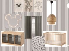 a baby's nursery room with mickey mouse wallpaper and accessories, including a crib