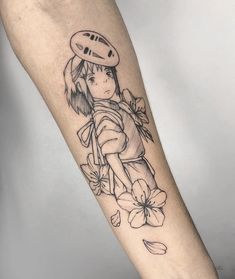 a woman with a hat on her head and flowers around her arm is shown in black ink