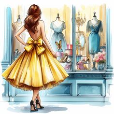 a woman standing in front of a dress shop