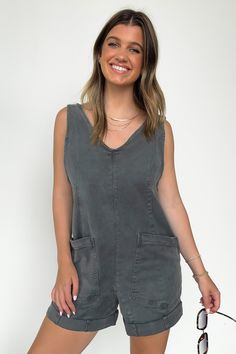 Details: Get ready to strut your stuff in the Brittley Washed Denim Romper! With adjustable straps for the perfect fit, this romper features a deep v neckline and a convenient pocket. The washed denim adds a touch of effortless cool to your look. Time to make a statement! - Deep V-neck - Pockets Content: 97% COTTON 3% SPANDEX Size + Fit: Model is 5'4" and 5'2" (Ash Black) wearing a Small - Measurements from a size Small are approx - Full length: 31" - Inseam: 3.25" - Chest 36"-40" - Waist: 38"-4 Spring V-neck Denim Jumpsuit With Pockets, Spring Cotton V-neck Denim Jumpsuit, V-neck Denim Dress With Pockets, Denim V-neck Dress With Pockets, Washed Cotton Denim Jumpsuit For Day Out, Cotton Denim V-neck Jumpsuit, Dark Wash Denim V-neck Dress With Pockets, Spring V-neck Cotton Denim Jumpsuit, V-neck Denim Dress With Pockets For Day Out