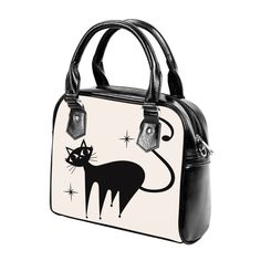 50s Retro Cat Handbag, Retro Bag, Retro Handbag, Cat Purse, Black Cat Purse, Women's Bags, Women's Purse,Animal Print Handbag, Small HandbagThis is perfect for those who loves cats and the mid century atomic style era. A very unique retro cat print design find hand drawn by an artist I licensed artwork from, and then I placed the hand drawn work digitally onto my handbag pattern to be printed out and hand sewn. It features a single zippered top closure as well as a removable, adjustable shoulder Black Rectangular Bag With Cat Print, Black Rectangular Bag With Cat Design, Black Rectangular Shoulder Bag With Cat Print, Black Cat Print Rectangular Shoulder Bag, Rectangular Black Shoulder Bag With Cat Print, Rectangular Black Cat Print Shoulder Bag, Animal Print Handbags, Cat Handbags, Vintage Inspired Shoes