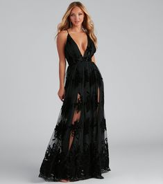 Enchant in this long tulle dress for a truly elegant look at your next formal affair. Gracefully make an entrance in this boho-inspired formal maxi dress accented with a luxurious velvet floral pattern floral velvet design on top of the feather-weight mesh fabric. Indulge in the multiple layers of tulle in this empire-waist bodice designed with a low-beck silhouette that flows effortlessly into a full A-line skirt. Highlight the plunging V-neckline with a sparkling rhinestone lariat or delicate Tulle Dress Long, Glitter Prom Dresses, Velvet Design, The Morgan, Short Summer Dresses, Sequin Prom Dresses, Black Prom, Event Outfit, Green Prom Dress