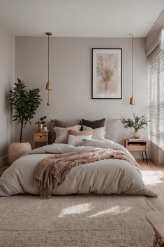 a large bed sitting in a bedroom next to a window covered in blankets and pillows