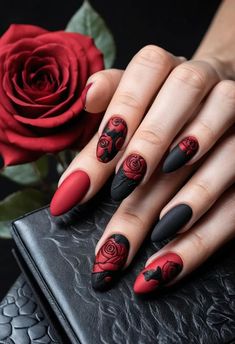 velvety matte red finish, enhanced by detailed vine patterns and 3D rose accents, bringing a lush garden to life on fingertips. Black Rose Nails Acrylic, Nail Art With Roses, Dark Rose Nails, Rose Design Nails, Red Rose Nail Design, Red Roses Nails, Black Rose Nails, Red Rose Nails, Vine Nails