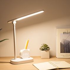 a desk lamp sitting on top of a wooden table next to a book and plant