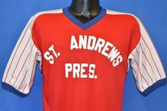 70s St. Andrews Baseball Jersey #13 t-shirt Large Fan Merchandise Short Sleeve Jersey With Letter Print, Short Sleeve Jersey With Letter Print For Fans, Collegiate Crew Neck Jersey With Letter Print, Throwback Cotton Jersey With Letter Print, Cotton Fan Merchandise Jersey With Letter Print, Fan Merchandise Cotton Short Sleeve Jersey, Cotton Jersey With Letter Print For Fans, Vintage College T-shirt With Lettering, Collegiate Short Sleeve Jersey With Graphic Print