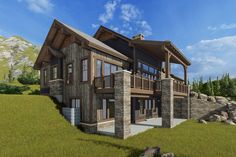 This rugged house plan has a clean, rustic aesthetic to the exterior with tall peaks in front and lower ones in back. Ideal for a sloping lot, it gives you two levels above ground (2 beds, 2 full and 1 half bath) plus an optional finished lower level with 3 more beds and 2 baths. The central portion of the home is open and combines the great room, dining room, kitchen and breakfast nook. The back side of the home has a large covered deck on the main level and a covered patio on the lower level a Large Covered Deck, Kitchen And Breakfast Nook, Camp House, Rustic Aesthetic, Covered Deck, Lake House Plans, Sleeping Loft, Craftsman House Plans, Half Bath