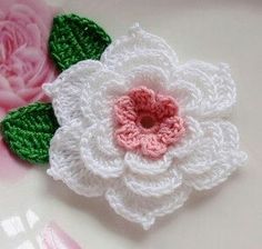 a crocheted flower with green leaves and pink flowers in the background on a white plate