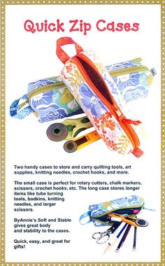 an advertisement for sewing supplies with the words quick zip cases