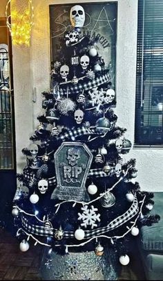 a black and white christmas tree with skulls on it