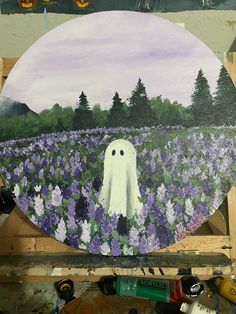 a painting of a white ghost in a field of purple flowers with trees in the background