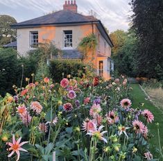 a house with lots of flowers in front of it