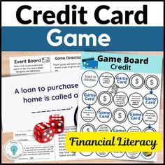 a game board with two dices next to it and the words credit card game