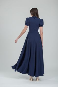 Beautiful navy blue dress made from soft suiting fabric. This evening formal gown has chic fit and flare silhouette, short bell sleeves, bow tie on the neck and side seam pockets, invisible zipper in side seam. Sleeve length 23 centimeters (9 inches). Can be made in plus sizes, junior bridesmaids and in maternity style. If measurements don`t match any size in my chart, I highly recommend a custom fit. Visit my FAQ section for required measurements. Model wears size US 8, she is 180 cm tall. Plea Evening Outfits For Women, Mother Daughter Matching Dresses, Bridesmaid Dresses Long Blue, Modest Homecoming Dresses, Long Flared Skirt, Women Dresses Casual, Women Dresses Casual Summer, Tulle Skirt Dress, Mother Daughter Dresses Matching