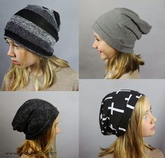 four pictures of different hats with the same color and pattern on each hat, one is black