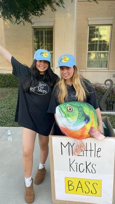 two women standing next to each other in front of a sign that says my little kicks bass