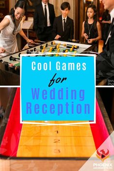 a group of people standing around a table with a sign on it that says cool games for wedding reception