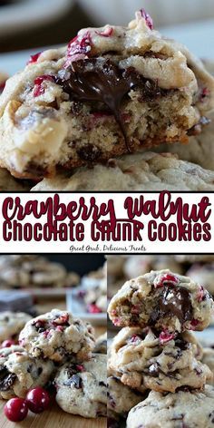 cranberry walnut chocolate chip cookies are stacked on top of each other, with the rest of the cookie in the foreground