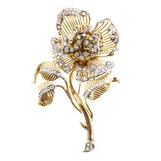 En Tremblant Large handmade solid 18k yellow and white gold diamond brooch. The leaves and flower tips are all white gold and bead set with over 100 bright sparkly diamonds. The four outer most floral pedal are stationary. The four inner flower pedals are hinged to move in and out as an opening in a flower. In the center there are 12 moving or En Tremblant stems each with a diamond at the tip. The open wire design allows whatever material it is worn onto show thru this substantially sized and 3- Flower Tips, Gold Diamond Drop Earrings, Flower Pedals, Diamond Brooch, Bead Set, Silver Tops, Gold Brooches, Fabulous Jewelry, Diamond Drop Earrings