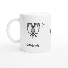 a white coffee mug with the words dominic and two djs on it