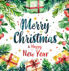 Merry Christmas and Happy New Year watercolor greeting card Happy New Year Watercolor, New Year Watercolor, Holiday Pics, Watercolor Greeting Cards, Holiday Pictures, Merry Christmas And Happy New Year, Christmas Background, Christmas Card, Card Ideas