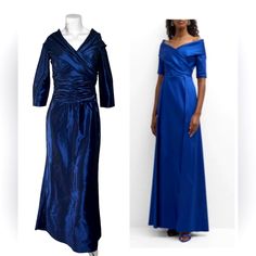 a woman in a blue dress next to a mannequin's head and the image of an off - shoulder gown